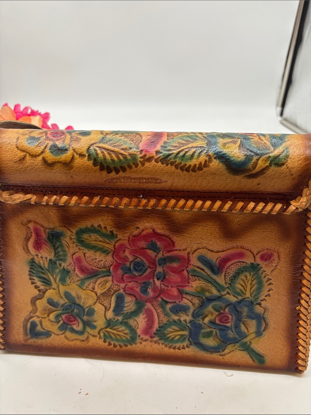 Vintage Mexican Hand-Tooled Floral Leather Crossbody Bag - Tan Multicolor Floral - Picture 5 of 14